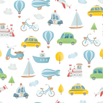 Seamless pattern with ground, water, air vehicle