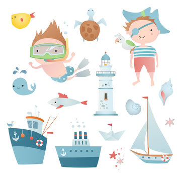 Sea set with funny children, ship, boat, fish.