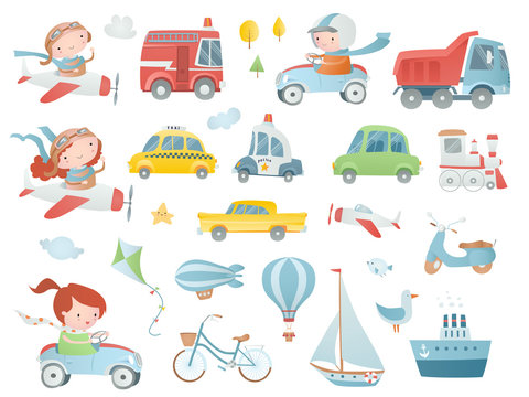 Cartoon Set With  Baby Pilots, Drivers And Transport.