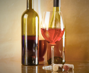 wine bottle and wine glass on a glass table