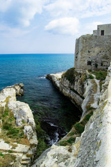 Fototapeta na wymiar Vieste, Gargano, Apulia, Italy. Panoramica view of the shores and cliffs with tourquise sea