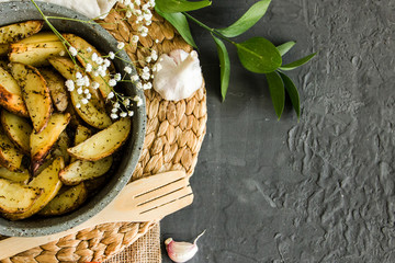 Homemade baked potato wedges with spices, copy space
