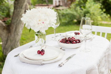 Table set in garden for couple