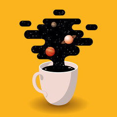 Cup of Fresh Coffee with Galaxy on Yellow Background