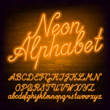 Neon script alphabet font. Yellow neon color lowercase and uppercase letters and numbers. Brick wall background. Stock vector typescript for your typography design.