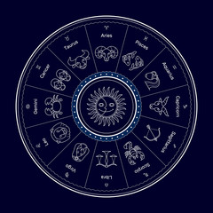 Circle of zodiac symbol, minimal cartoon style, white line on dark background.