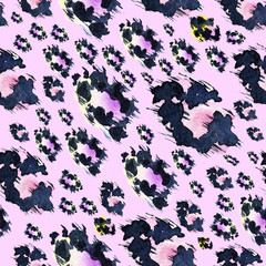 Leopard seamless print on pink background with multi-colored spots. Imitation of exotic animal fur