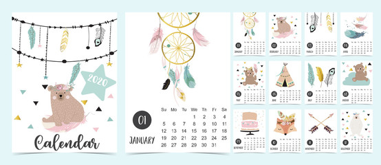 Doodle pastel 2020 calendar set with dreamcatcher,feather,bear,fox for children.Can be used for printable graphic.Editable element