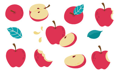 Cute apple object collection.Whole, cut in half, sliced on pieces apple. Vector illustration for icon,logo,sticker,printable