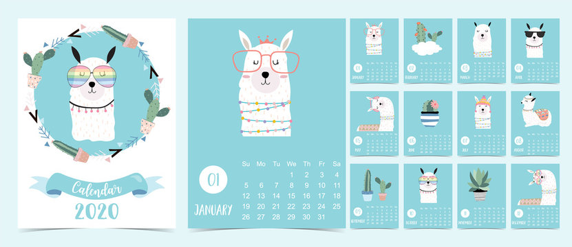 Doodle pastel 2020 calendar set with llama,alpaca,cactus for children.Can be used for printable graphic.Editable element