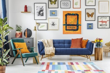 Green armchair next to blue settee in colorful living room inter - 284331874