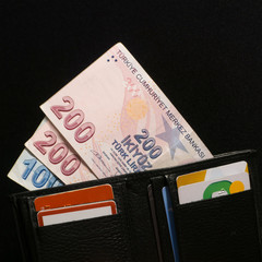 Photo of Turkish money and wallet. Turkish Currencies and credit cards
