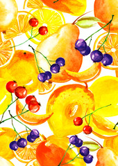 Mountain ash and black chokeberry,tropical fruit, citrus,lemon, orange, lime, pear, mango fruit Seamless pattern. watercolor illustration of berries with leaves and black chokeberry