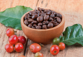 Coffee beans on a wooden background