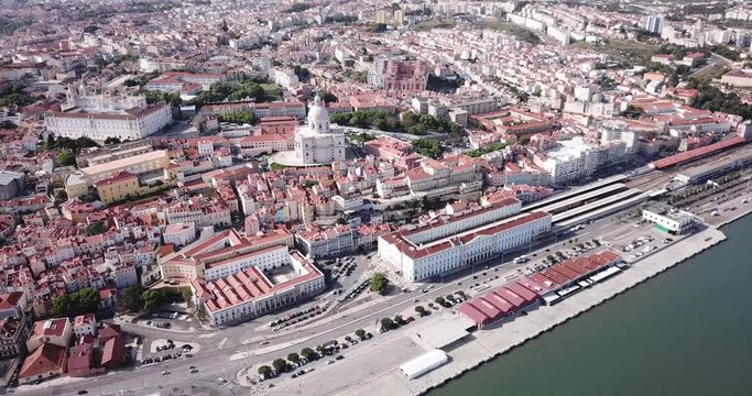 Aerial  view of  Lisbon district with National Pantheon and coastline