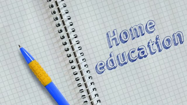 Text Home education handwritten on sheet of notebook and animated.