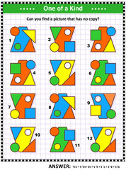 IQ training educational math puzzle for kids and adults with basic shapes -  trapezoid, square, circles, triangle - overlays and colors: Can you find the picture that has no copy? Answer included.
