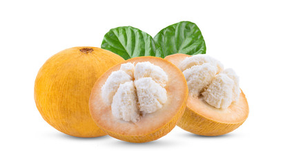 half santol fruit with leaf isolated on white background. full depth of field