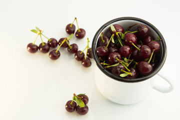 berries ripe red cherries lie in the iron circle and next to it on white background close-up of berries with fresh organic cherries