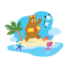 Obraz na płótnie Canvas Happy bear running on the beach with swimming ring.