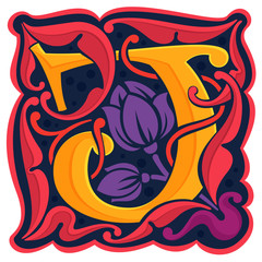 J letter colorful antique gothic initial logo.