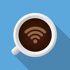 Cup of Coffee Shop with Free WiFi Zone Sign. Vector Illustration