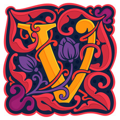 V letter colorful antique gothic initial logo.