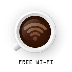 Cup of Coffee Shop with Free WiFi Zone Sign. Vector Illustration