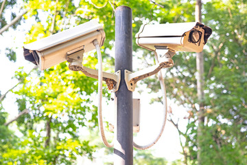 Old closed circuit camera separated in the garden. CCTV white security camera in two ways.