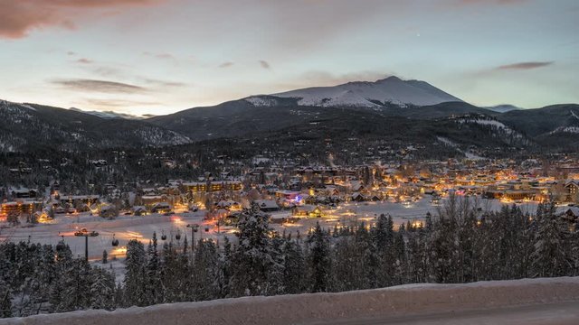 Breckenridge, Colorado, USA town skyline time lapse at dawn.