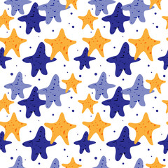 Marine seamless pattern with yellow and blue starfish. Trendy colorful illustration on white background. Vector.