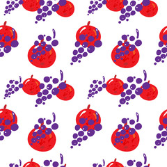 Fruit seamless pattern with red apple and grapes on white background. Fresh and juicy colorful illustration. Vector.