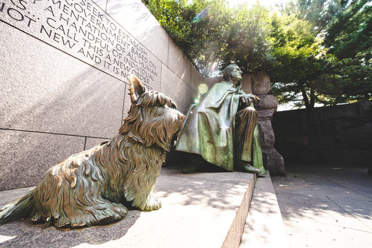 Washington, DC - August 6, 2019: Fala, Roosevelt's Pet Dog at the Franklin Delano Roosevelt Memorial near the Tidal Basin of Washington DC