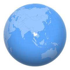 Thailand (Siam) on the globe. Earth centered at the location of the Kingdom of Thailand. Map of Thailand. Includes layer with capital cities.