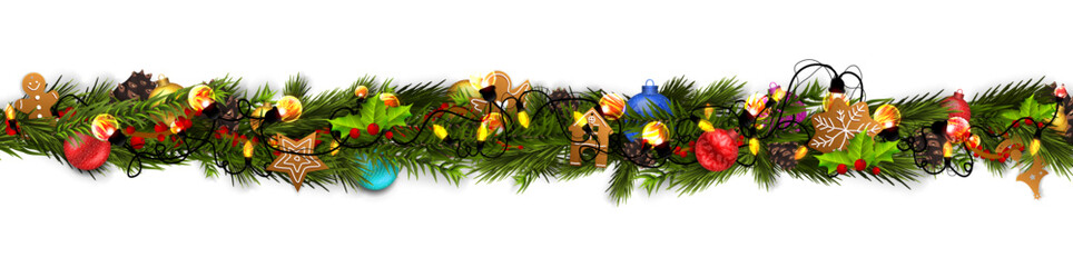 Christmas border (Weihnachten Girlande) with fir branches, pine cones, holly, and string lights. Merry Christmas background with open space for your text.
