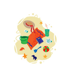 Summer concept. Beach symbols. Hat, towel, book. Cartoon style with texture. Vector illustration. Colorful elements isolated on white. Template for banner, poster, flyer, greeting card and etc.