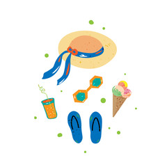 Summer concept. Beach symbols .Hat, sunglasses, icecream. Cartoon style with texture. Vector illustration. Colorful elements isolated on white. Template for banner, poster, flyer, greeting card.