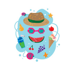 Summer concept. Beach symbols.Hat, sunglasses, icecream. Cartoon style with texture. Vector illustration. Colorful elements isolated on white. Template for banner, poster, flyer, greeting card and etc