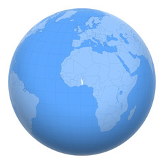 Togo on the globe. Earth centered at the location of the Togolese Republic. Map of Togo. Includes layer with capital cities.