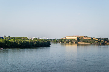Fototapeta na wymiar Panorama of the Danube River under the Petrovaradin fortress near Novi Sad