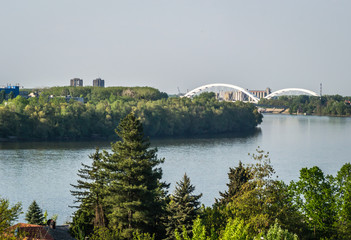 Petrovaradin, Serbia - April 21. 2019: Zezelj bridge on river Danube in Novi Sad Serbia