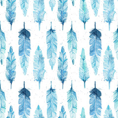 watercolor illustration blue feathers seamless  pattern 