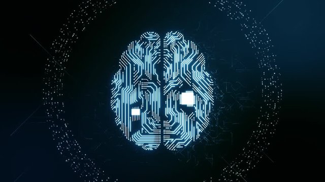 Artificial intelligence (AI) glowing brain animation, modern computer future technology concepts. Data mining, deep learning, big data. Brain processing information with printed circuit board design.