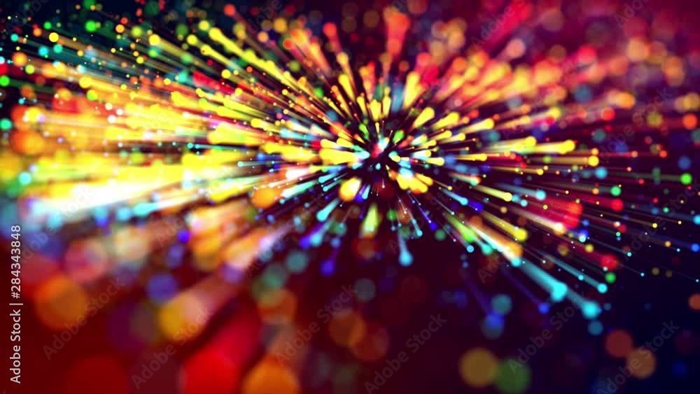 Poster 4k abstract background with multicolor light rays like laser show, with shining bokeh sparkling part