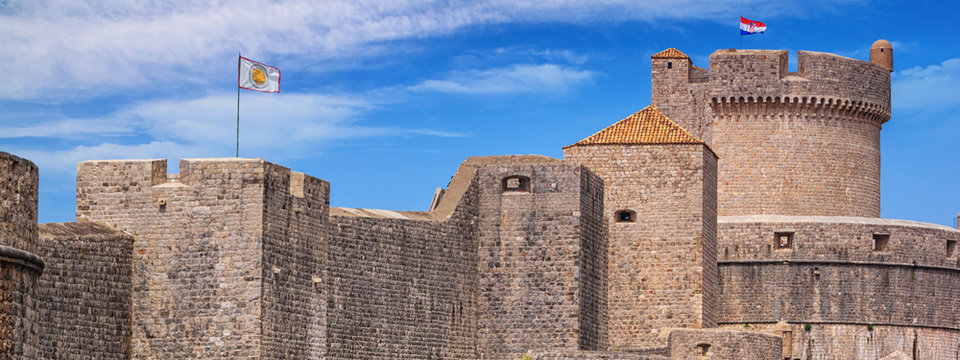 City summer landscape, banner - view of the Minceta Tower and the Walls Old Town of Dubrovnik on the Adriatic coast of Croatia