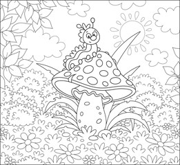 Funny caterpillar crawling on a big amanita on a glade of a summer forest, black and white vector illustration in a cartoon style for a coloring book