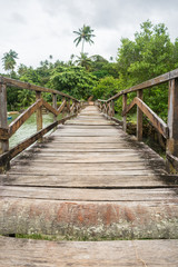 Obraz na płótnie Canvas Badly maintained bridge, repaired with coconut tree trunks on Itamaraca Island, Brazil