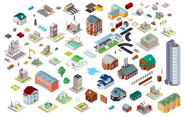 Set of isometric city buildings. Town district landscape with urban infrastructure streets and houses. 3D map vector illustration	
