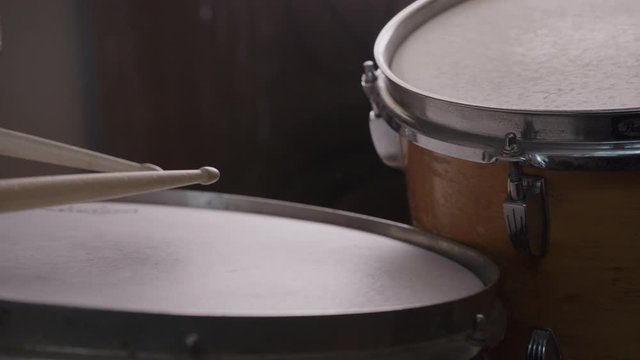 Jazz Drummer Hits Snare Drum In Slow Motion, Low Angle Close-Up