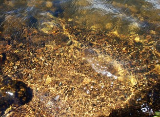 Large round stones at the bottom of the lake in clear, clear water.